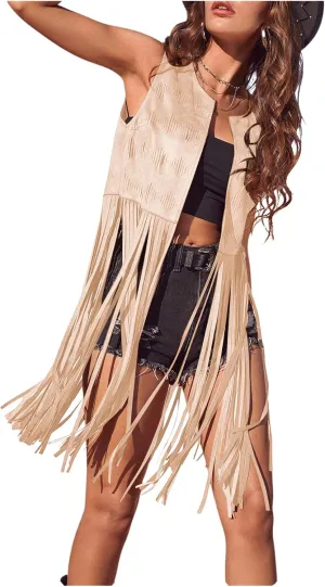 Women's Fringe Vest Sleeveless 70s Hippie Faux Suede Trim Western Cowgirl Tassel Jacket Cardigan