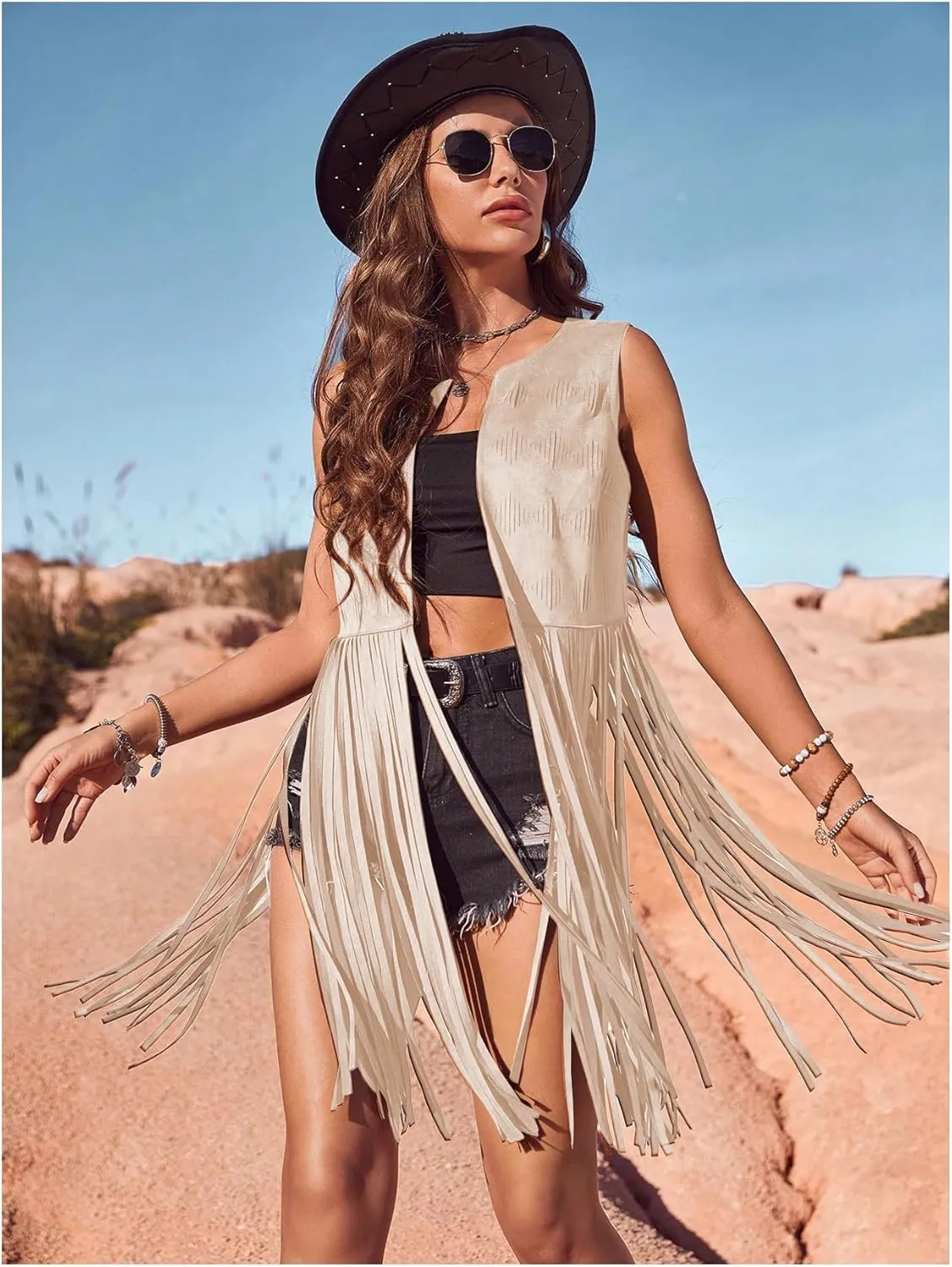 Women's Fringe Vest Sleeveless 70s Hippie Faux Suede Trim Western Cowgirl Tassel Jacket Cardigan
