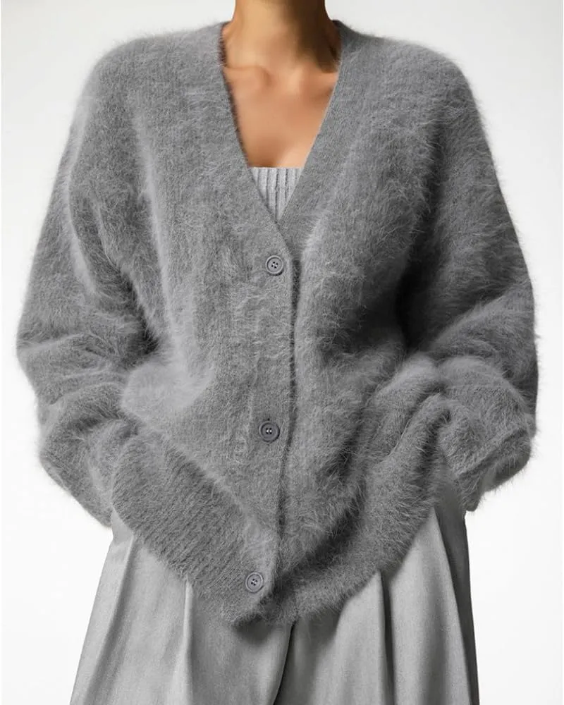 Womens Fuzzy Sweaters Cardigan V-Neck Button Down Oversized Mohair Sweater Casual Y2k 2025 Fall Winter