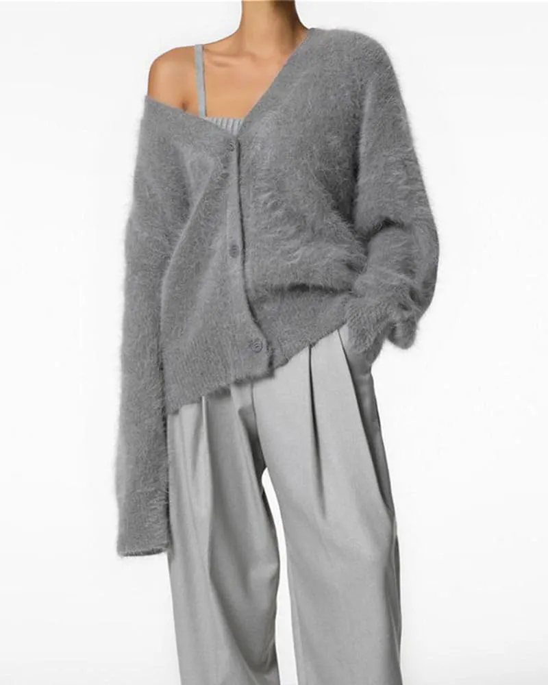 Womens Fuzzy Sweaters Cardigan V-Neck Button Down Oversized Mohair Sweater Casual Y2k 2025 Fall Winter