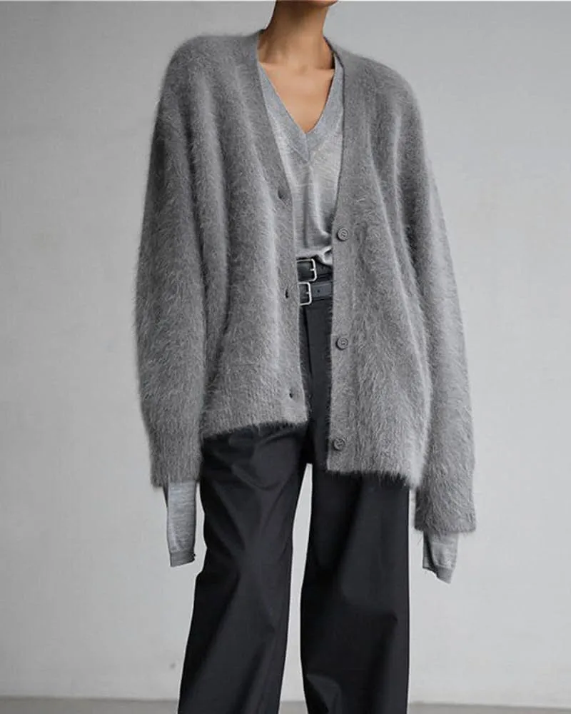 Womens Fuzzy Sweaters Cardigan V-Neck Button Down Oversized Mohair Sweater Casual Y2k 2025 Fall Winter