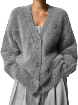 Womens Fuzzy Sweaters Cardigan V-Neck Button Down Oversized Mohair Sweater Casual Y2k 2025 Fall Winter