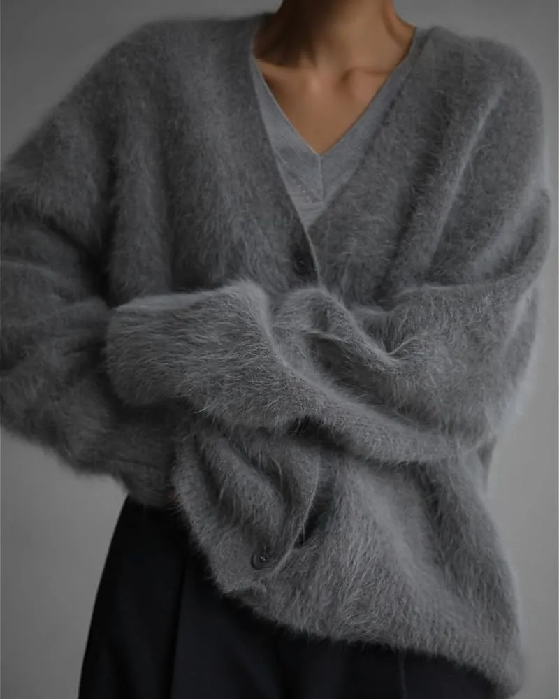 Womens Fuzzy Sweaters Cardigan V-Neck Button Down Oversized Mohair Sweater Casual Y2k 2025 Fall Winter