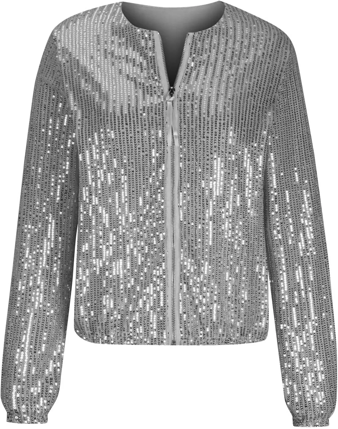 Womens Glitter Sequin Jacket Sparkly Long Sleeve Collarless Front Zip Casual Blazer Bomber Jackets Going Out Party Coat