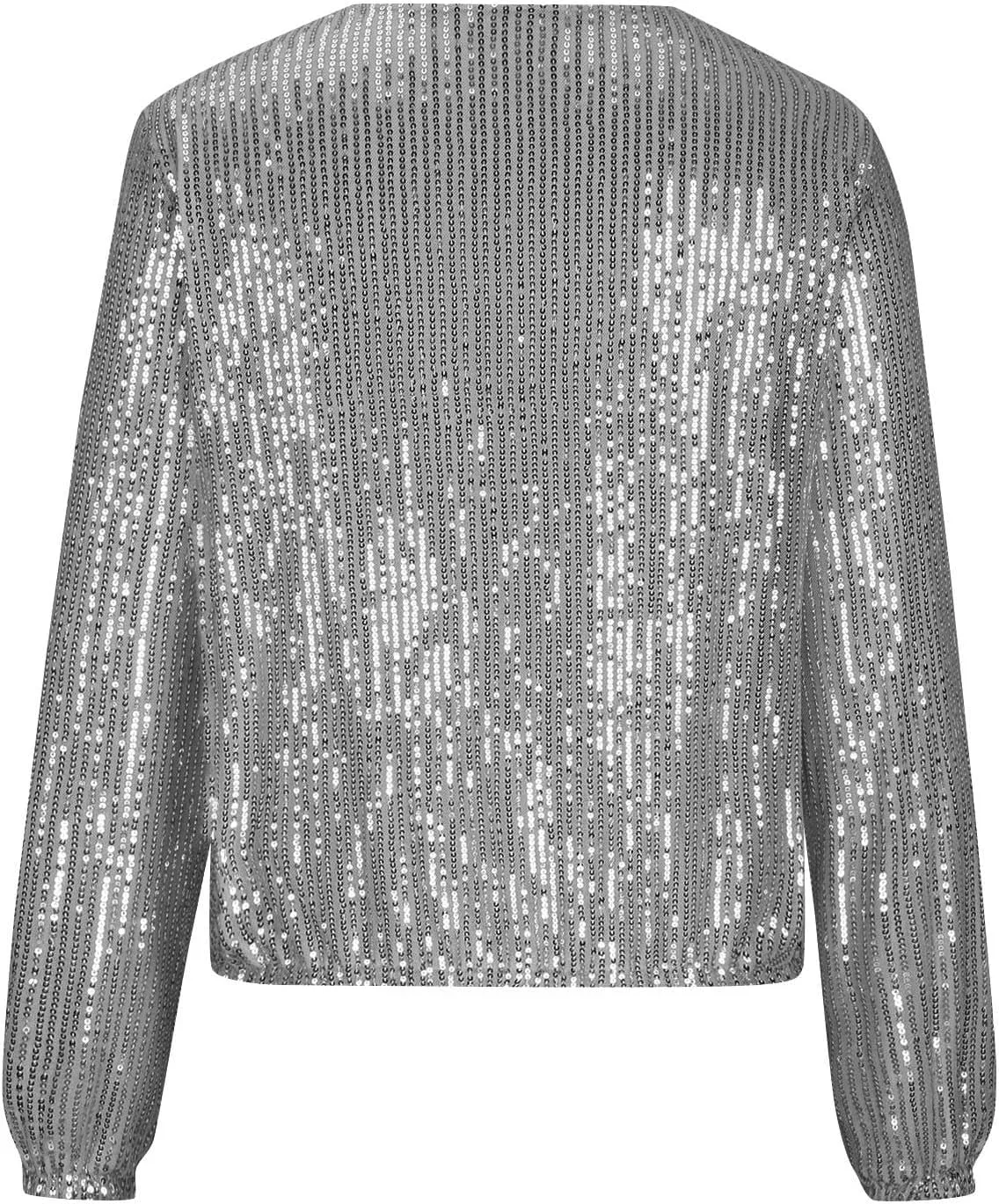Womens Glitter Sequin Jacket Sparkly Long Sleeve Collarless Front Zip Casual Blazer Bomber Jackets Going Out Party Coat