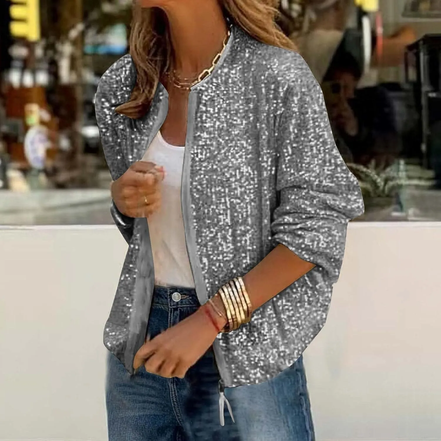 Womens Glitter Sequin Jacket Sparkly Long Sleeve Collarless Front Zip Casual Blazer Bomber Jackets Going Out Party Coat