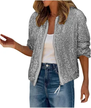 Womens Glitter Sequin Jacket Sparkly Long Sleeve Collarless Front Zip Casual Blazer Bomber Jackets Going Out Party Coat