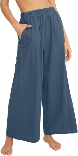 Women's High Waist Casual Wide-Leg Linen Trousers Vacation Palazzo Beach Pant Summer Business Pants with Pockets
