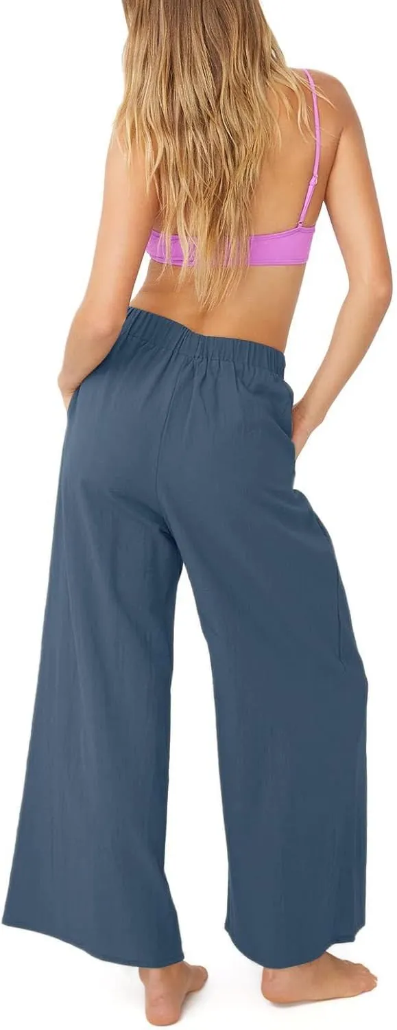 Women's High Waist Casual Wide-Leg Linen Trousers Vacation Palazzo Beach Pant Summer Business Pants with Pockets