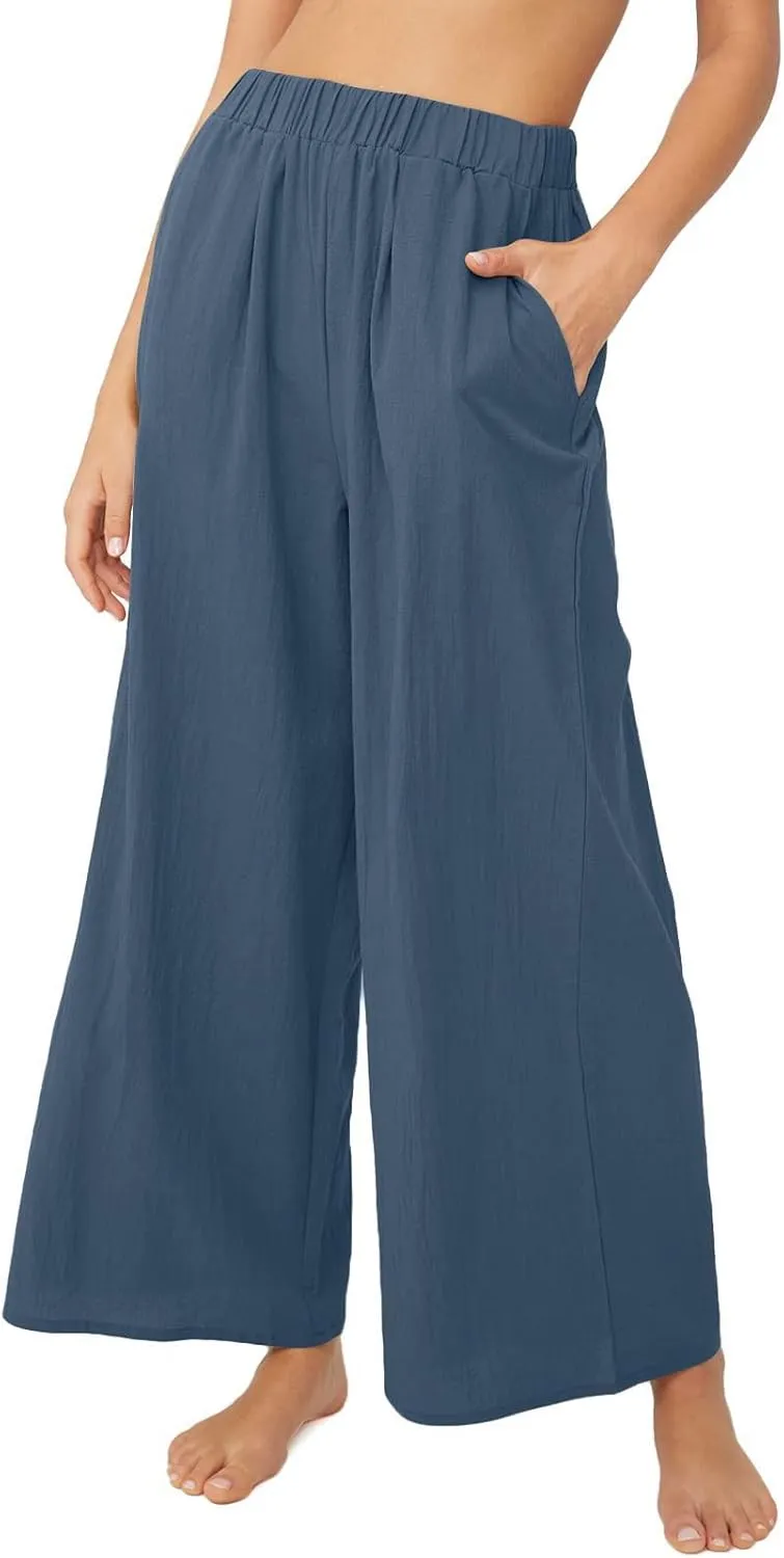 Women's High Waist Casual Wide-Leg Linen Trousers Vacation Palazzo Beach Pant Summer Business Pants with Pockets