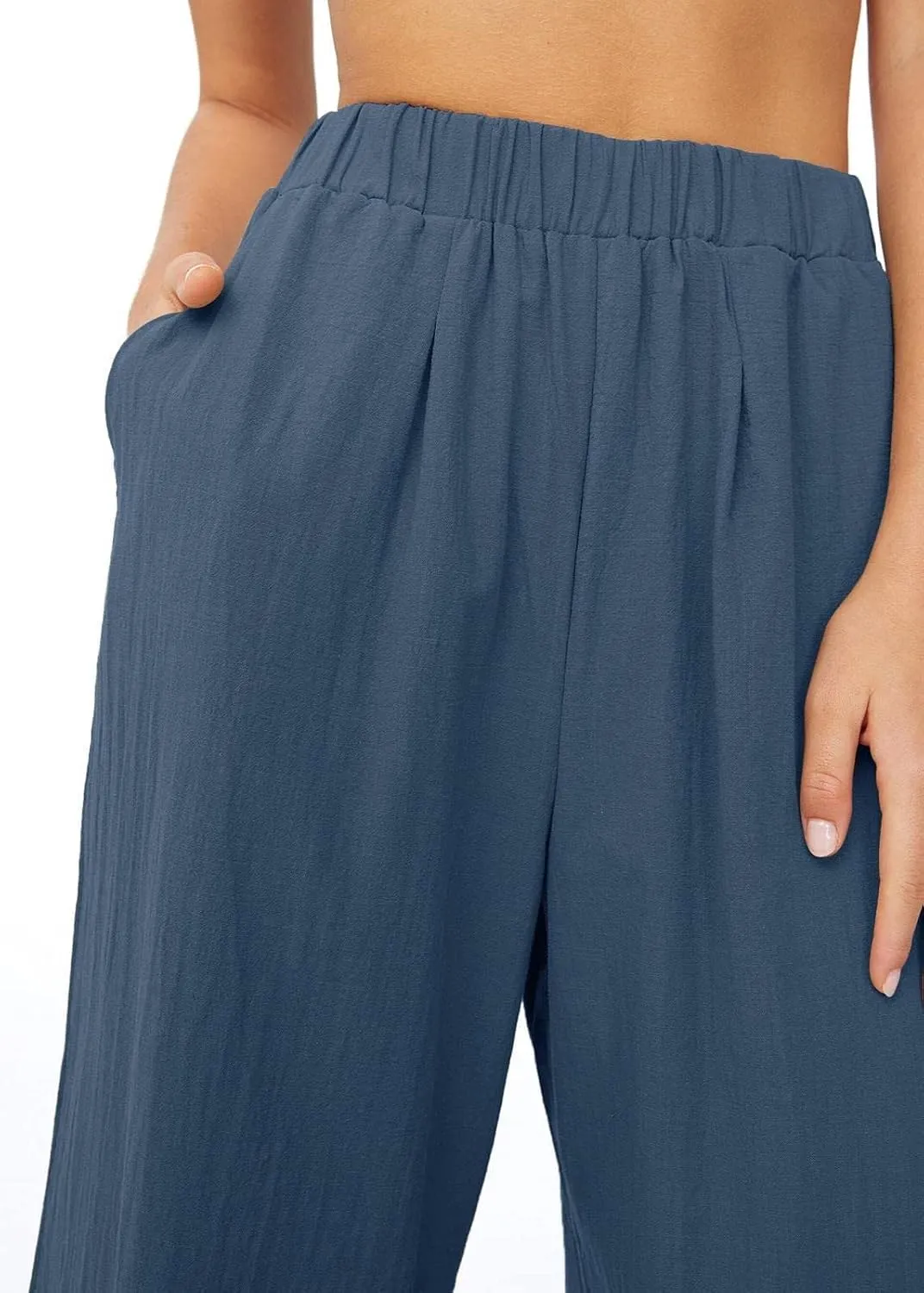 Women's High Waist Casual Wide-Leg Linen Trousers Vacation Palazzo Beach Pant Summer Business Pants with Pockets