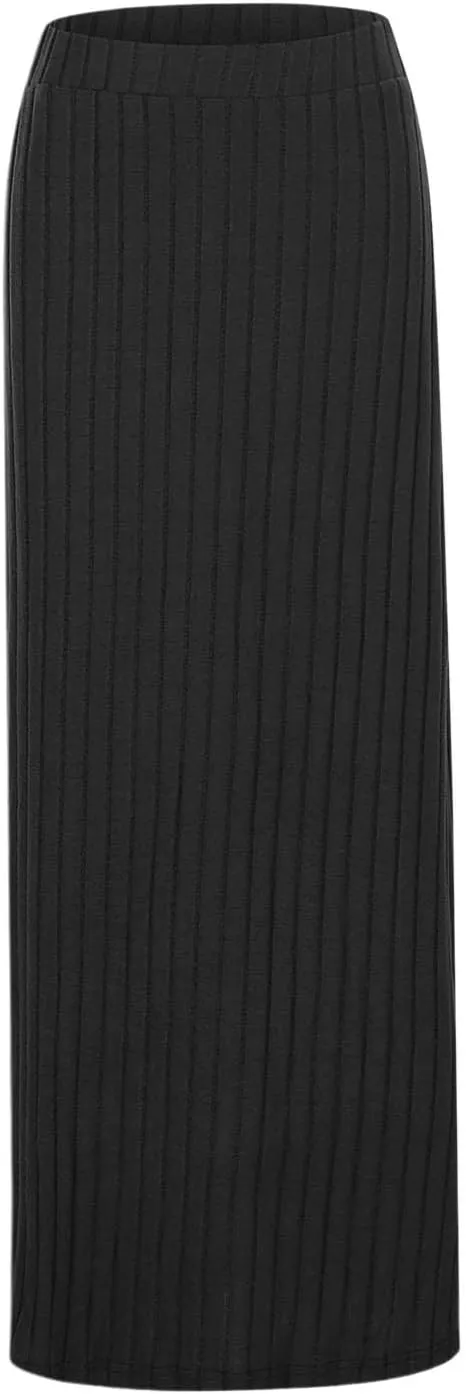 Women's High Waist Stretchy Rib Knit Split Slit Hem Midi Pencil Skirt Pleated Skirt with Stripe
