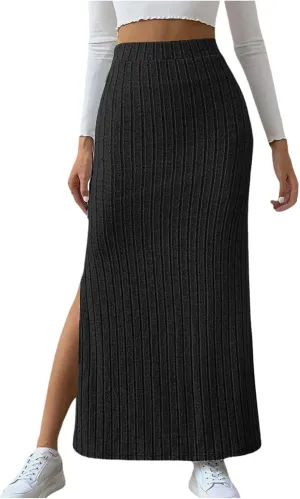 Women's High Waist Stretchy Rib Knit Split Slit Hem Midi Pencil Skirt Pleated Skirt with Stripe