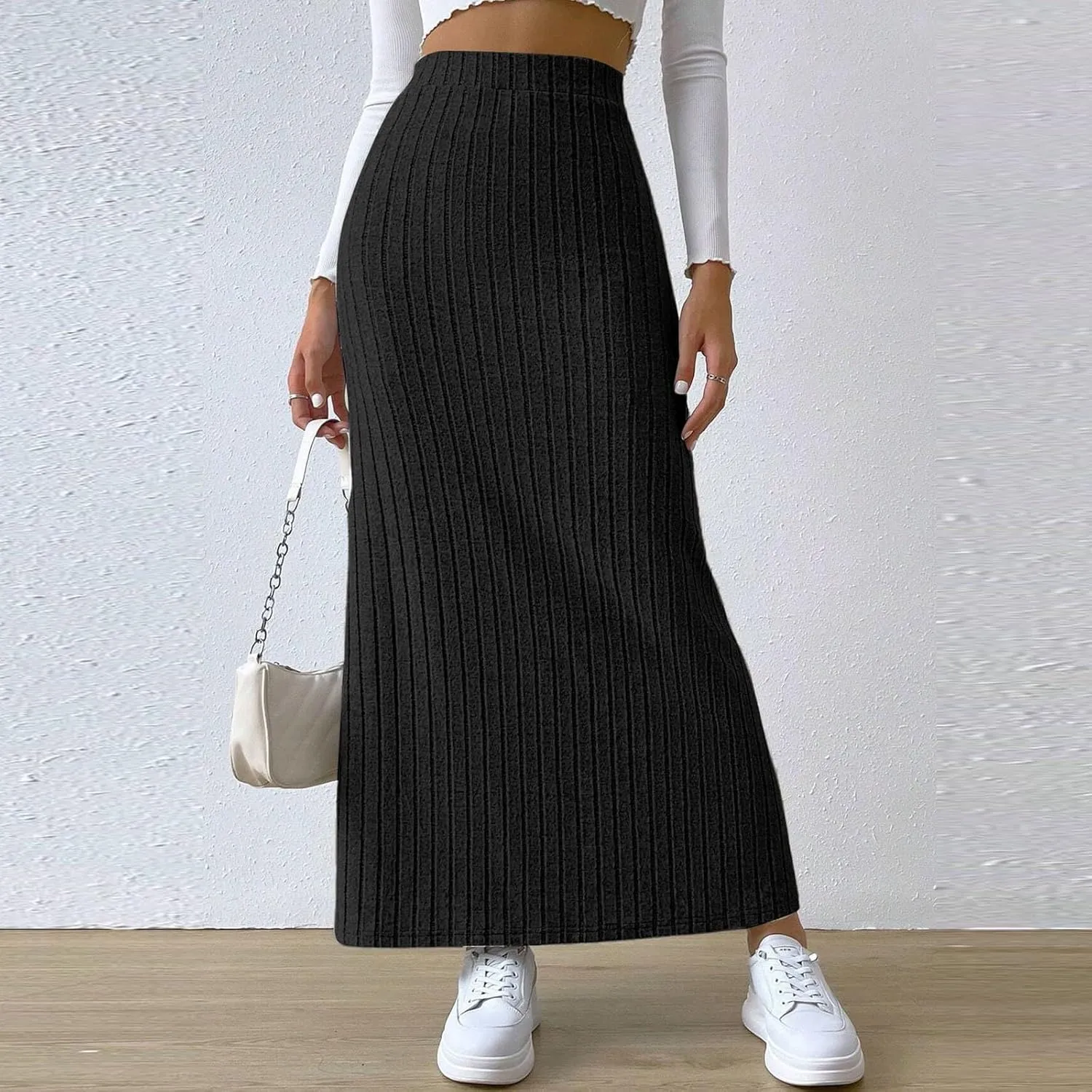 Women's High Waist Stretchy Rib Knit Split Slit Hem Midi Pencil Skirt Pleated Skirt with Stripe
