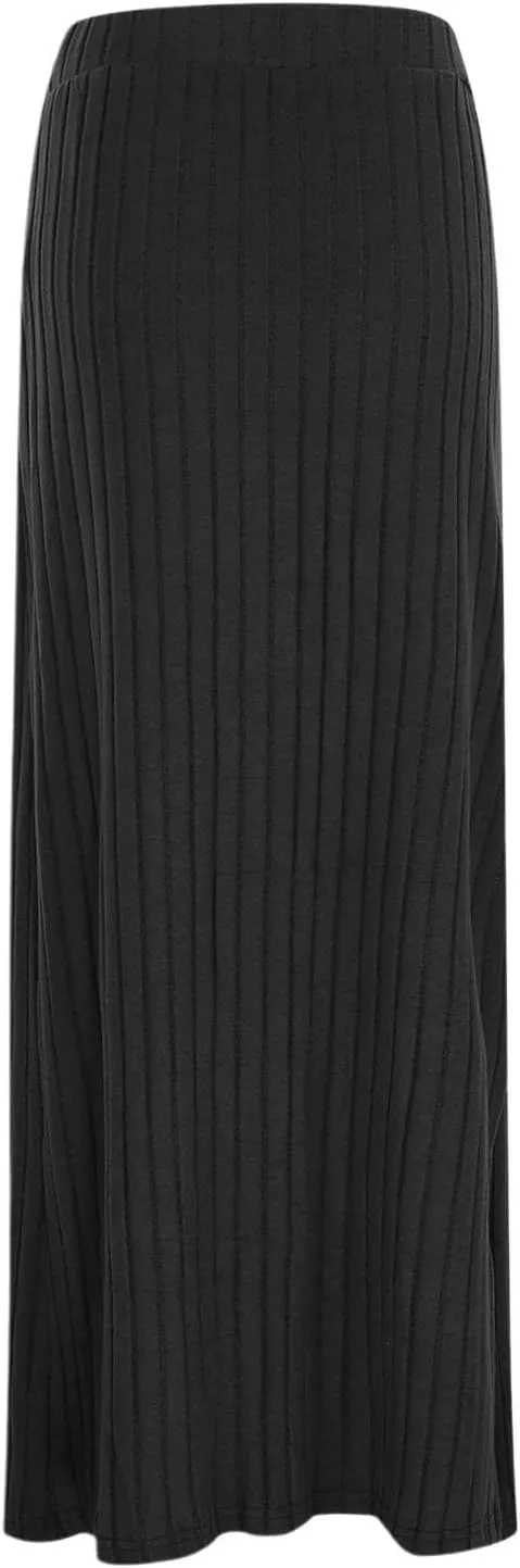 Women's High Waist Stretchy Rib Knit Split Slit Hem Midi Pencil Skirt Pleated Skirt with Stripe
