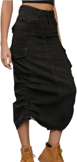Womens High Waisted Cargo Midi Skirt Drawstring Shirred Y2k Harajuku Skirt with Pockets