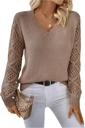 Women's Hollow Out Sweater V Neck Long Sleeve Knit Pullovers Top