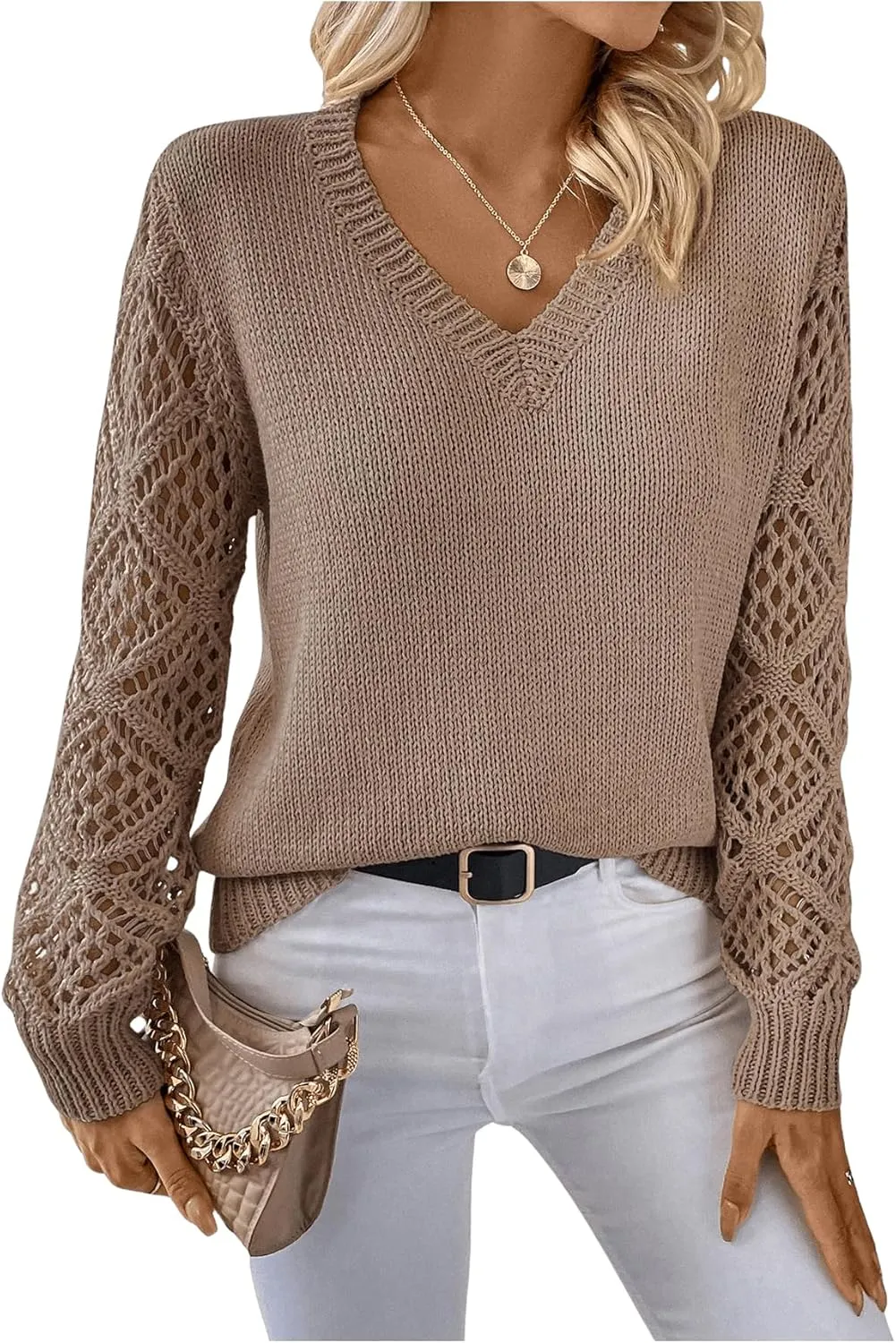 Women's Hollow Out Sweater V Neck Long Sleeve Knit Pullovers Top