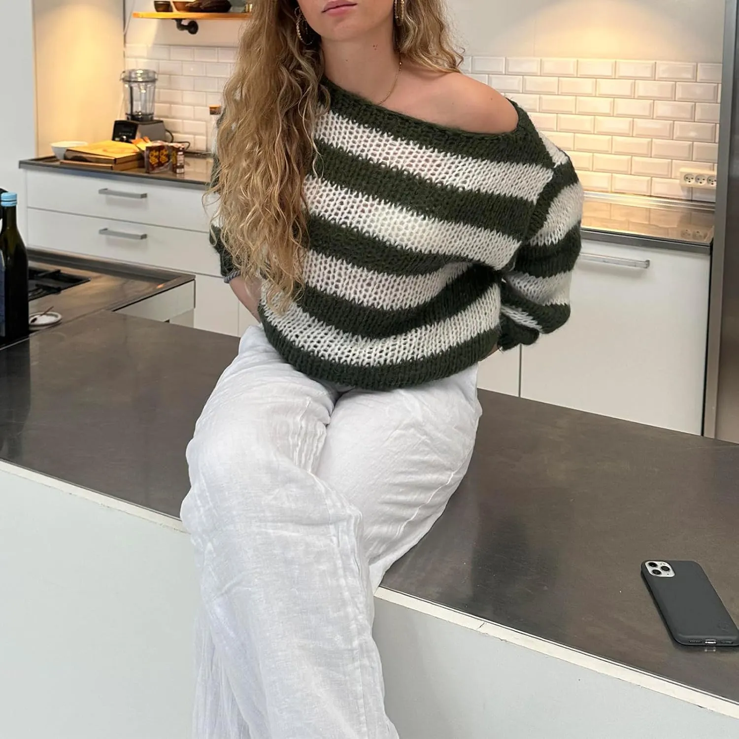Women's Knit Striped Sweater Oversized Color Clock Long Sleeve Crewneck Pullover Jumpers Cute Trendy Sweater