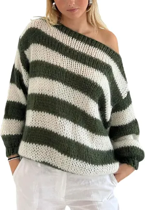 Women's Knit Striped Sweater Oversized Color Clock Long Sleeve Crewneck Pullover Jumpers Cute Trendy Sweater