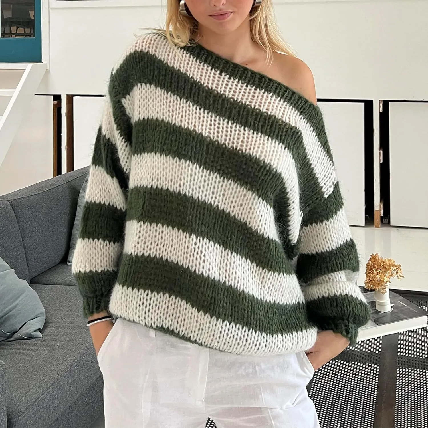Women's Knit Striped Sweater Oversized Color Clock Long Sleeve Crewneck Pullover Jumpers Cute Trendy Sweater