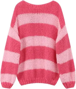 Women's Knit Striped Sweater Oversized Color Clock Long Sleeve Crewneck Pullover Jumpers Cute Trendy Sweater