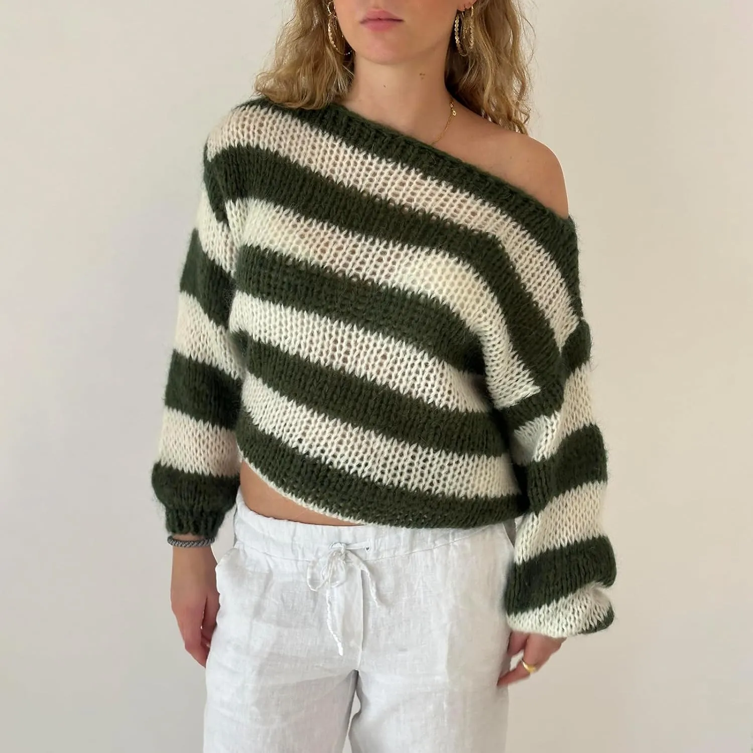 Women's Knit Striped Sweater Oversized Color Clock Long Sleeve Crewneck Pullover Jumpers Cute Trendy Sweater