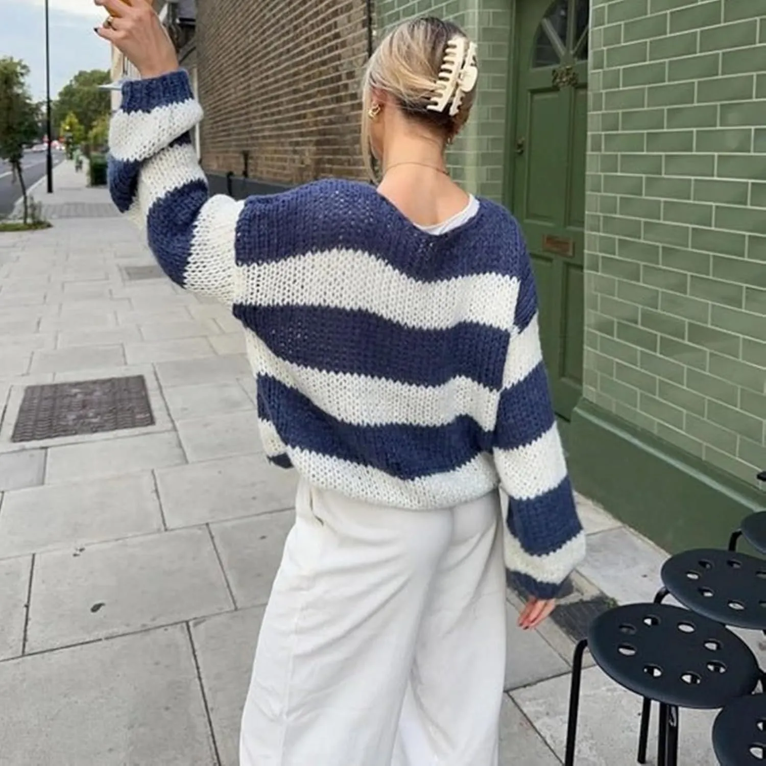 Women's Knit Striped Sweater Oversized Color Clock Long Sleeve Crewneck Pullover Jumpers Cute Trendy Sweater