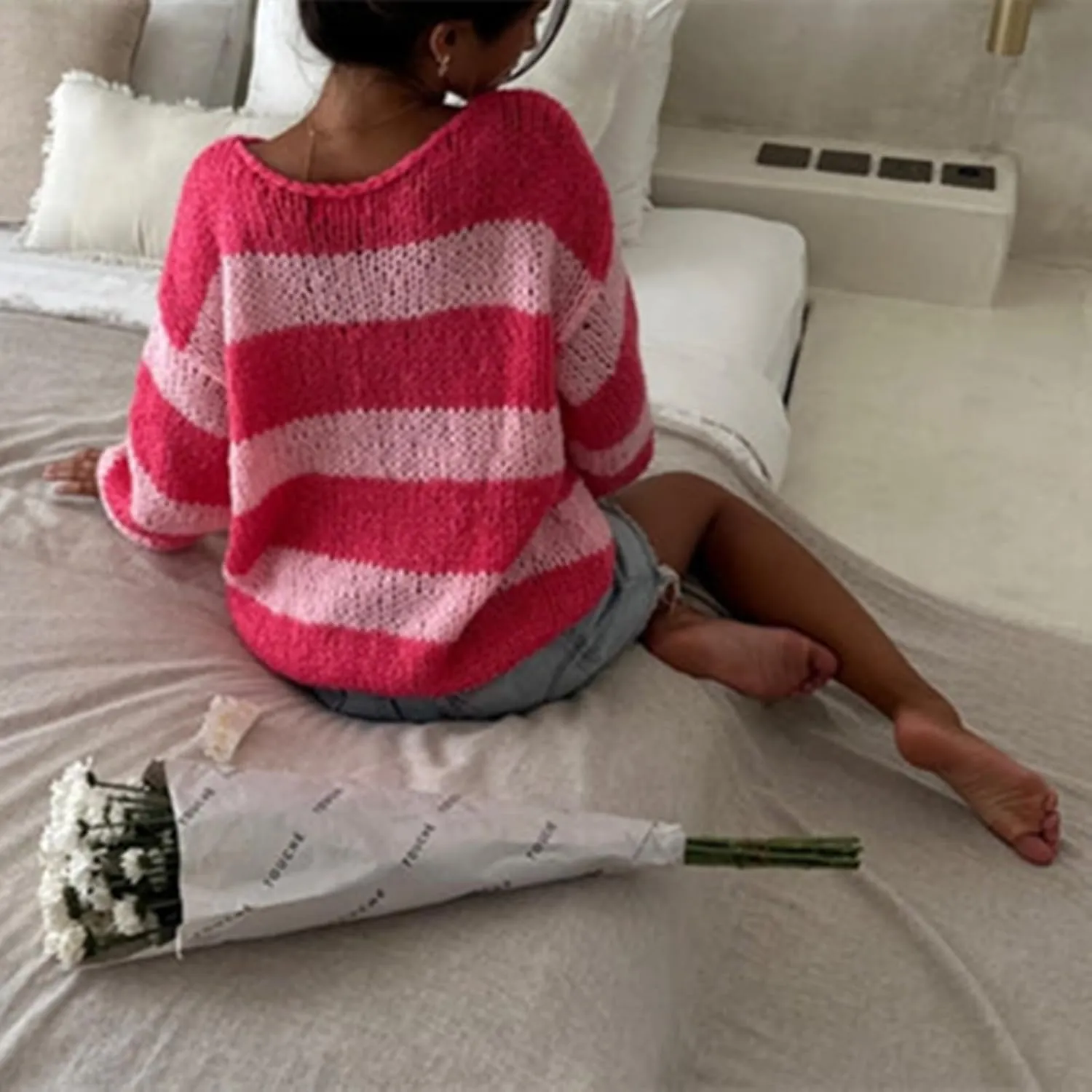 Women's Knit Striped Sweater Oversized Color Clock Long Sleeve Crewneck Pullover Jumpers Cute Trendy Sweater