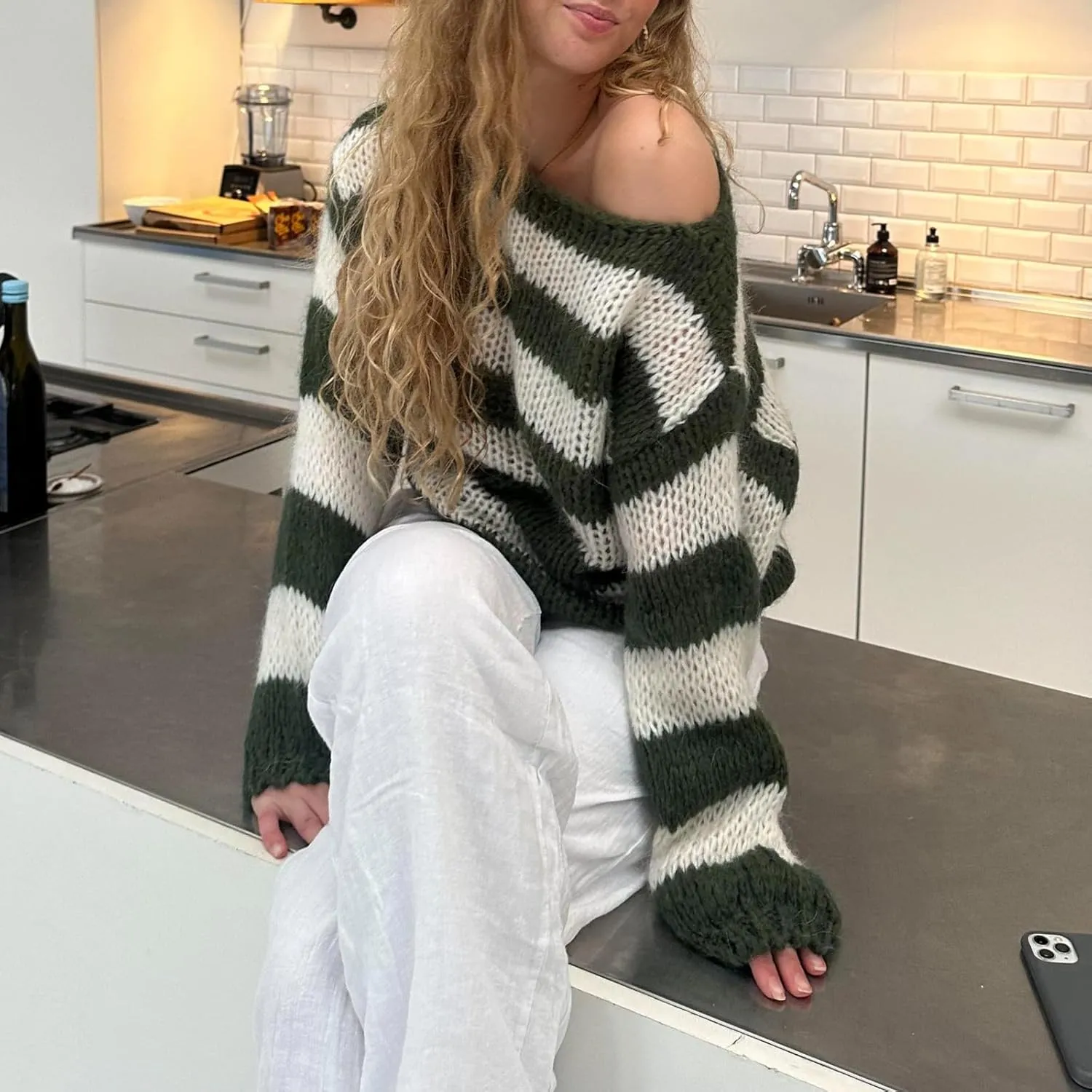Women's Knit Striped Sweater Oversized Color Clock Long Sleeve Crewneck Pullover Jumpers Cute Trendy Sweater