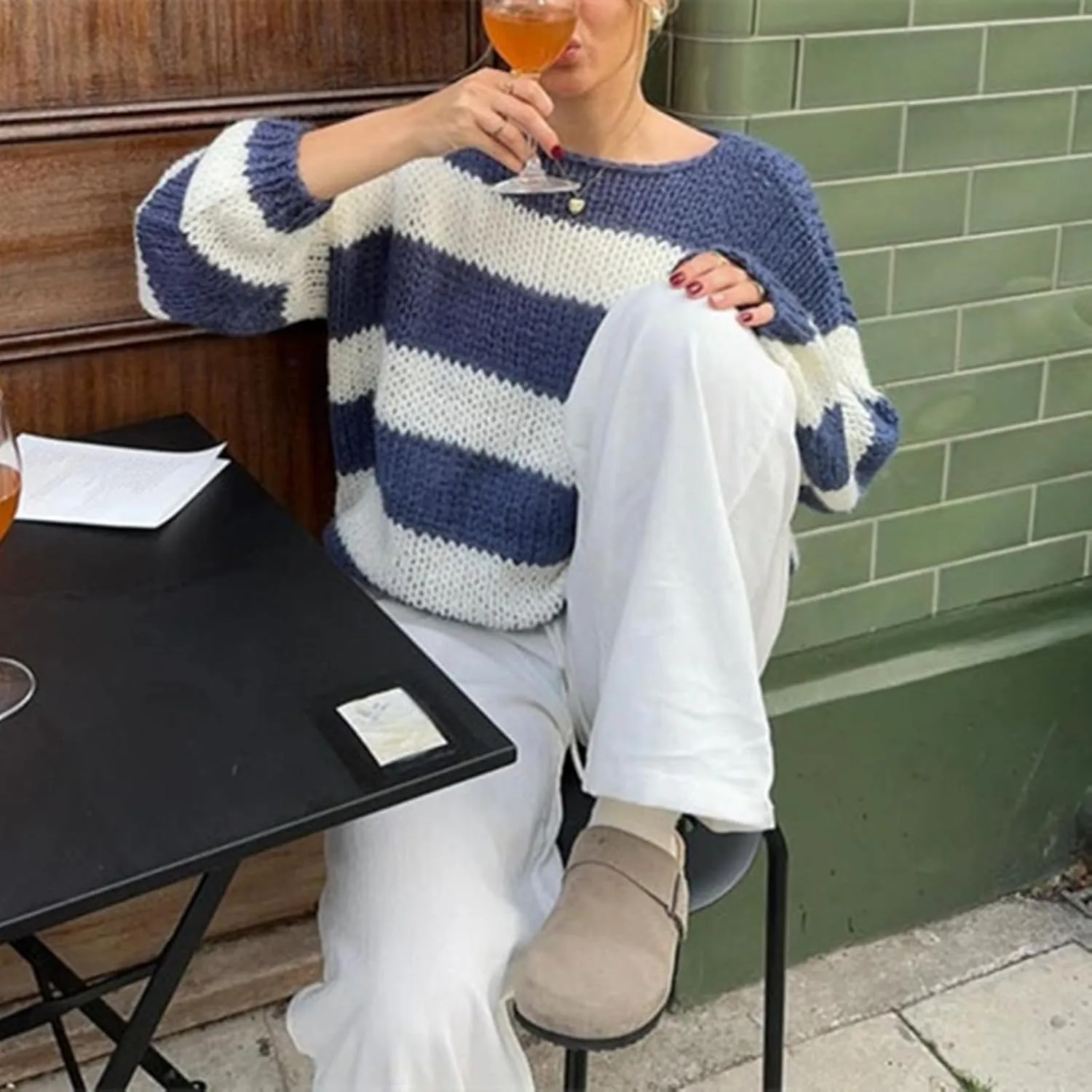 Women's Knit Striped Sweater Oversized Color Clock Long Sleeve Crewneck Pullover Jumpers Cute Trendy Sweater
