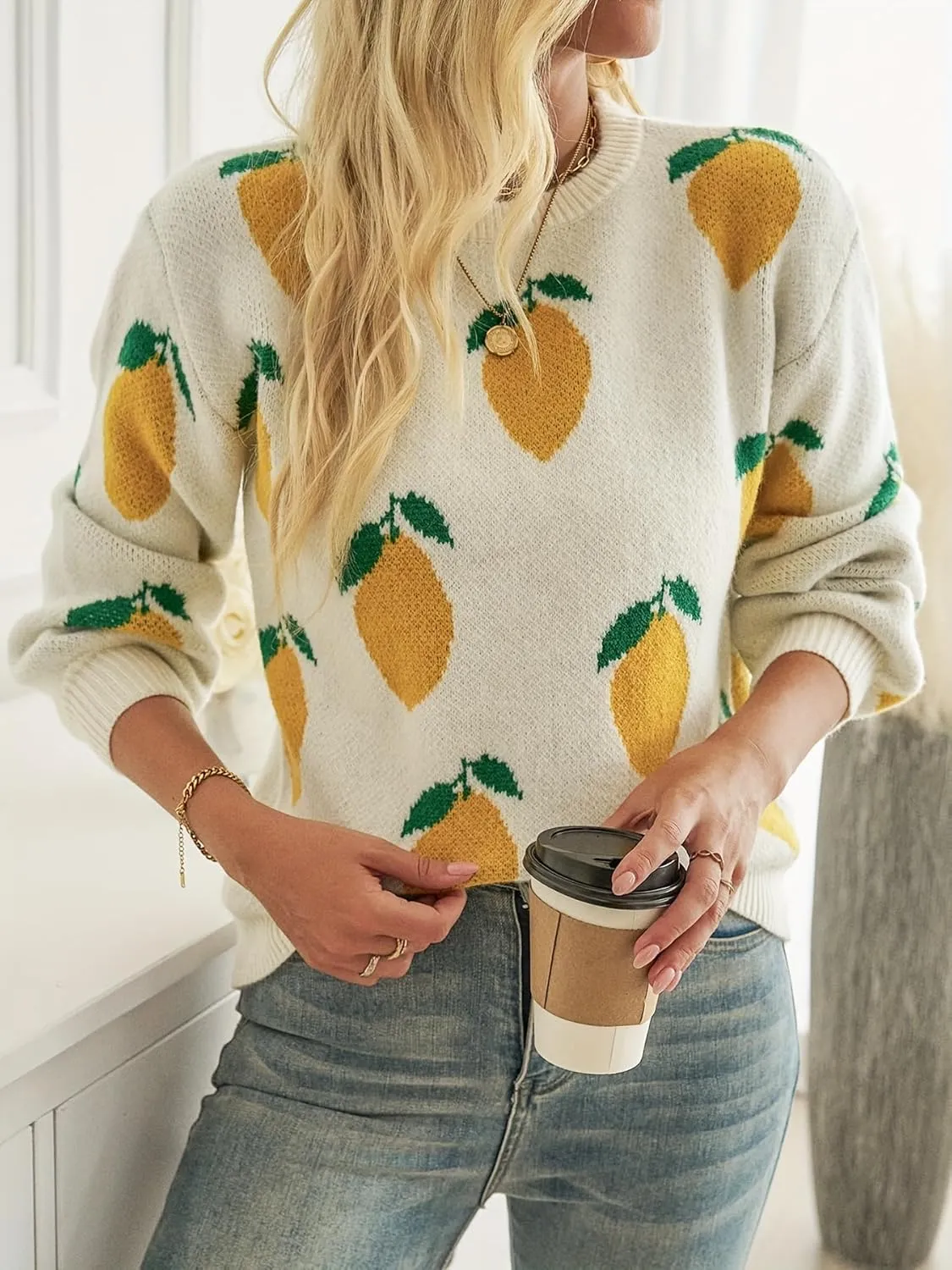 Womens Knitted Orange Sweater Casual Loose Long Sleeve Pullover Sweater Tops
