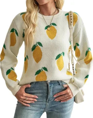 Womens Knitted Orange Sweater Casual Loose Long Sleeve Pullover Sweater Tops
