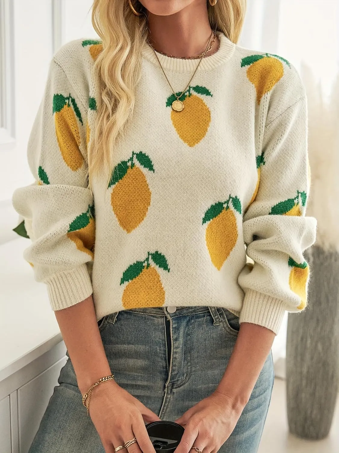 Womens Knitted Orange Sweater Casual Loose Long Sleeve Pullover Sweater Tops