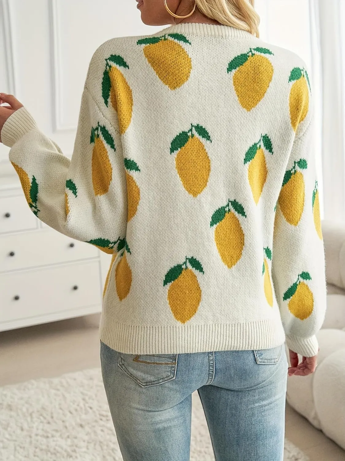 Womens Knitted Orange Sweater Casual Loose Long Sleeve Pullover Sweater Tops