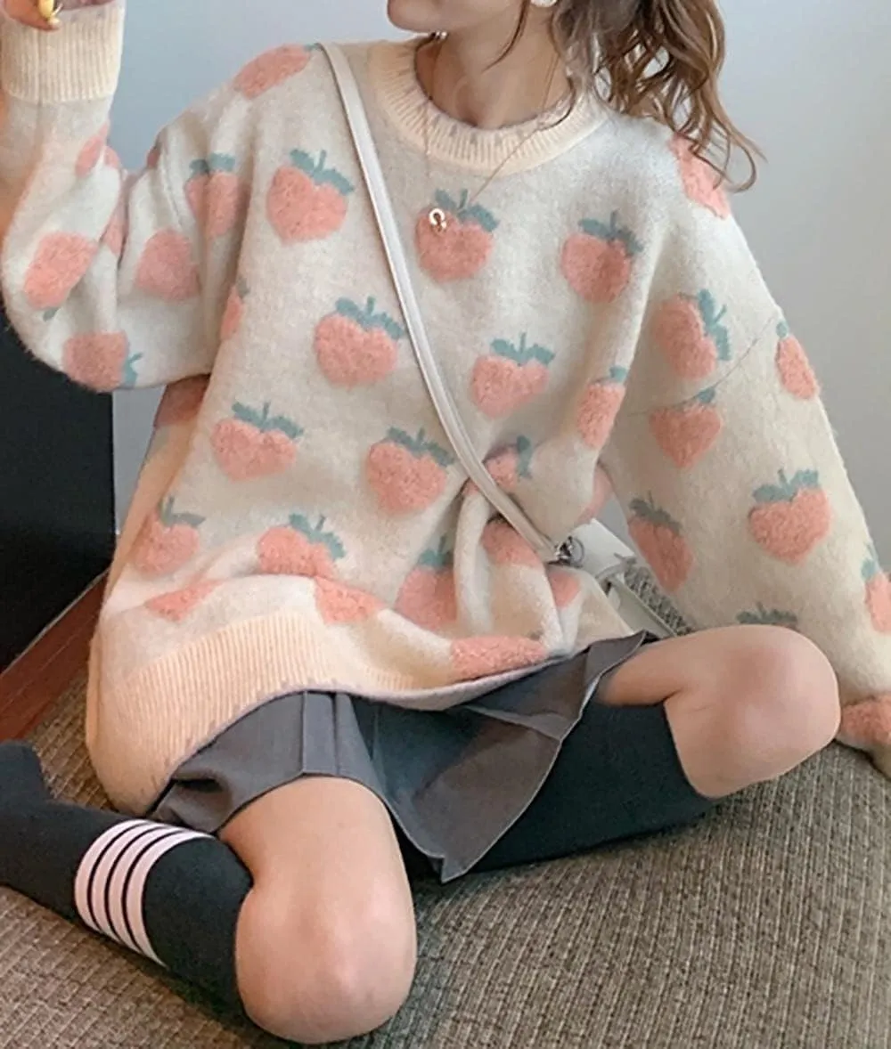 Womens Knitted Orange Sweater Casual Loose Long Sleeve Pullover Sweater Tops