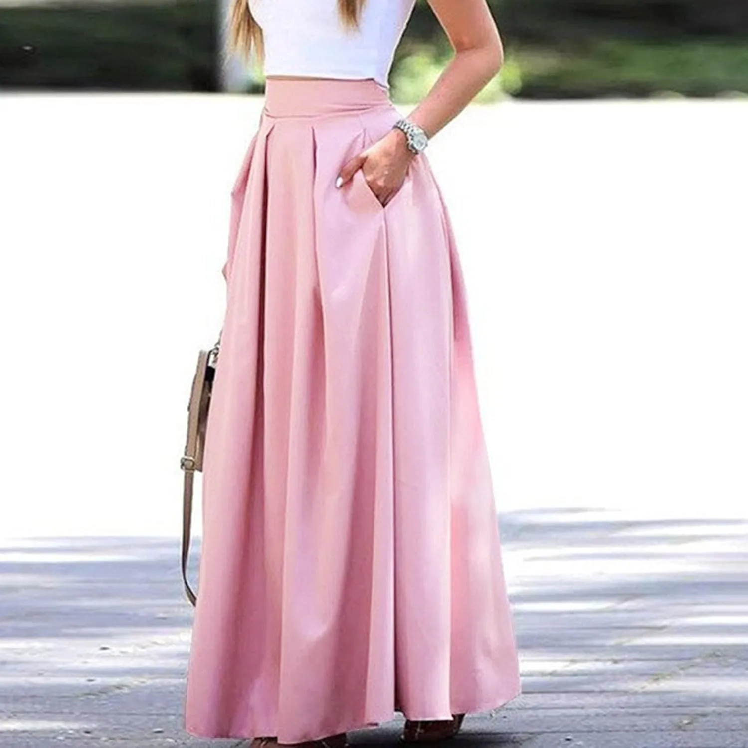 Women's Large Solid Color Pocket High Waist Ol Half Skirt Pleated Skirt Maternity Skirt