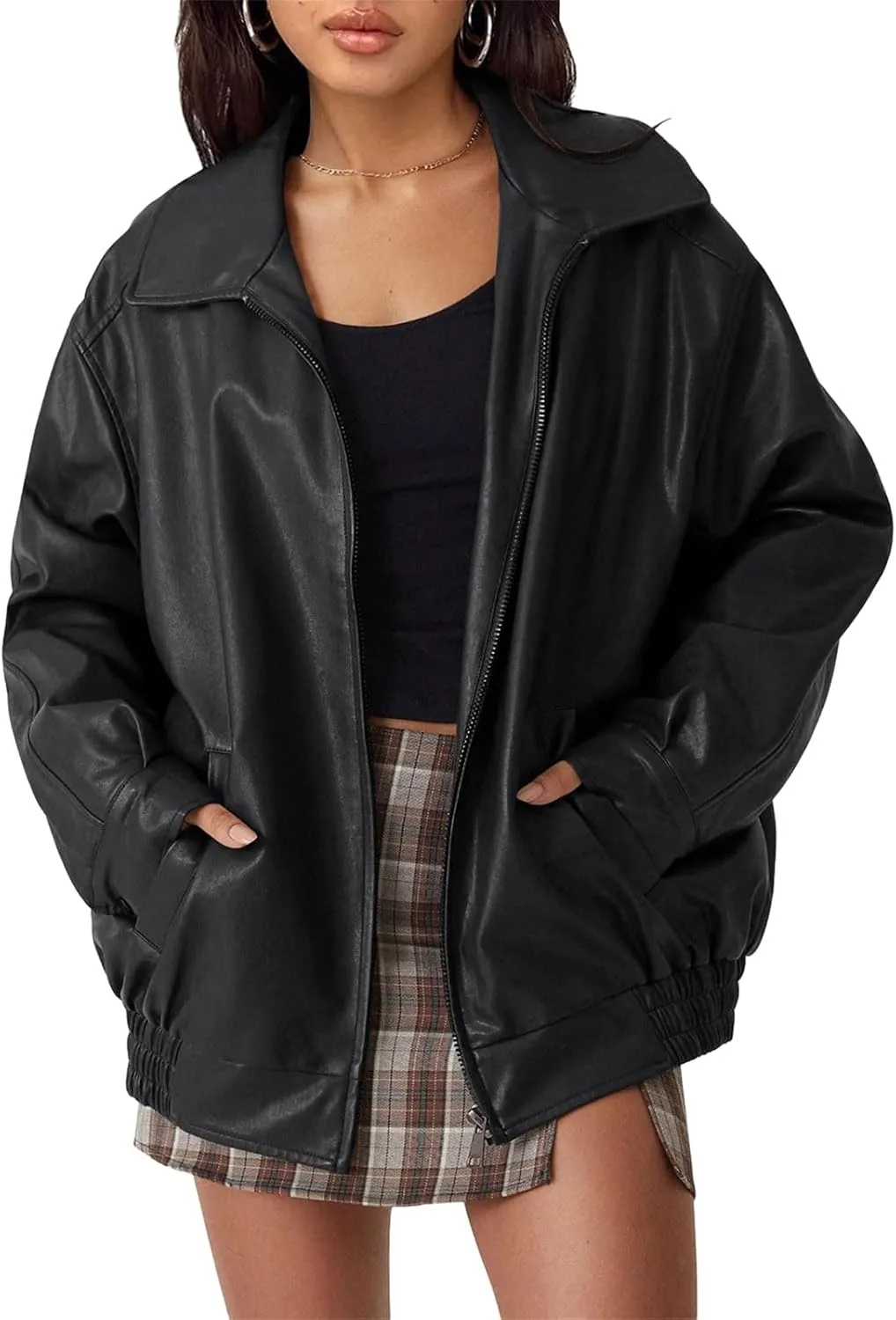 Womens Leather Jackets Faux Leather Moto Biker Coat Oversized Motorcycle Lapel Jacket Winter Outfits