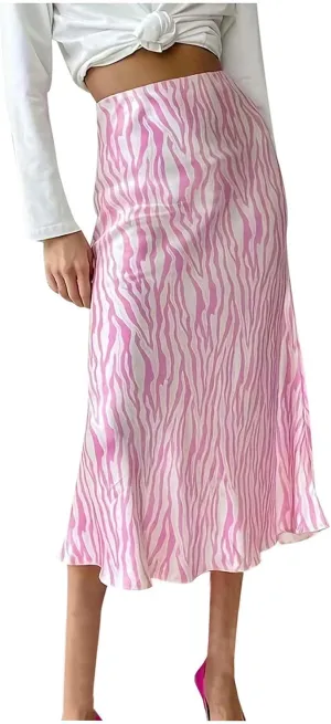 Women's Leopard Print Satin Maxi Skirt Sexy Elastic High Waisted Silk A-Line Club Party Mermaid Flowy Long Skirts