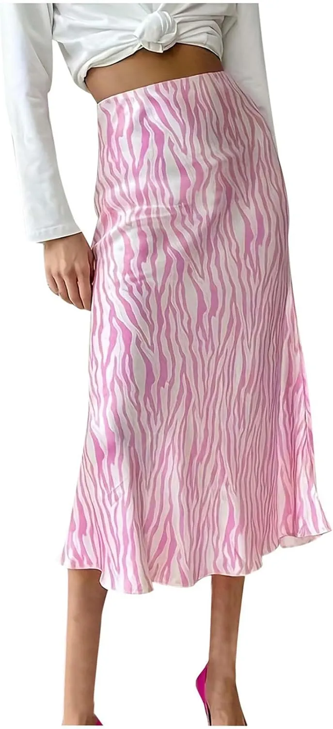 Women's Leopard Print Satin Maxi Skirt Sexy Elastic High Waisted Silk A-Line Club Party Mermaid Flowy Long Skirts