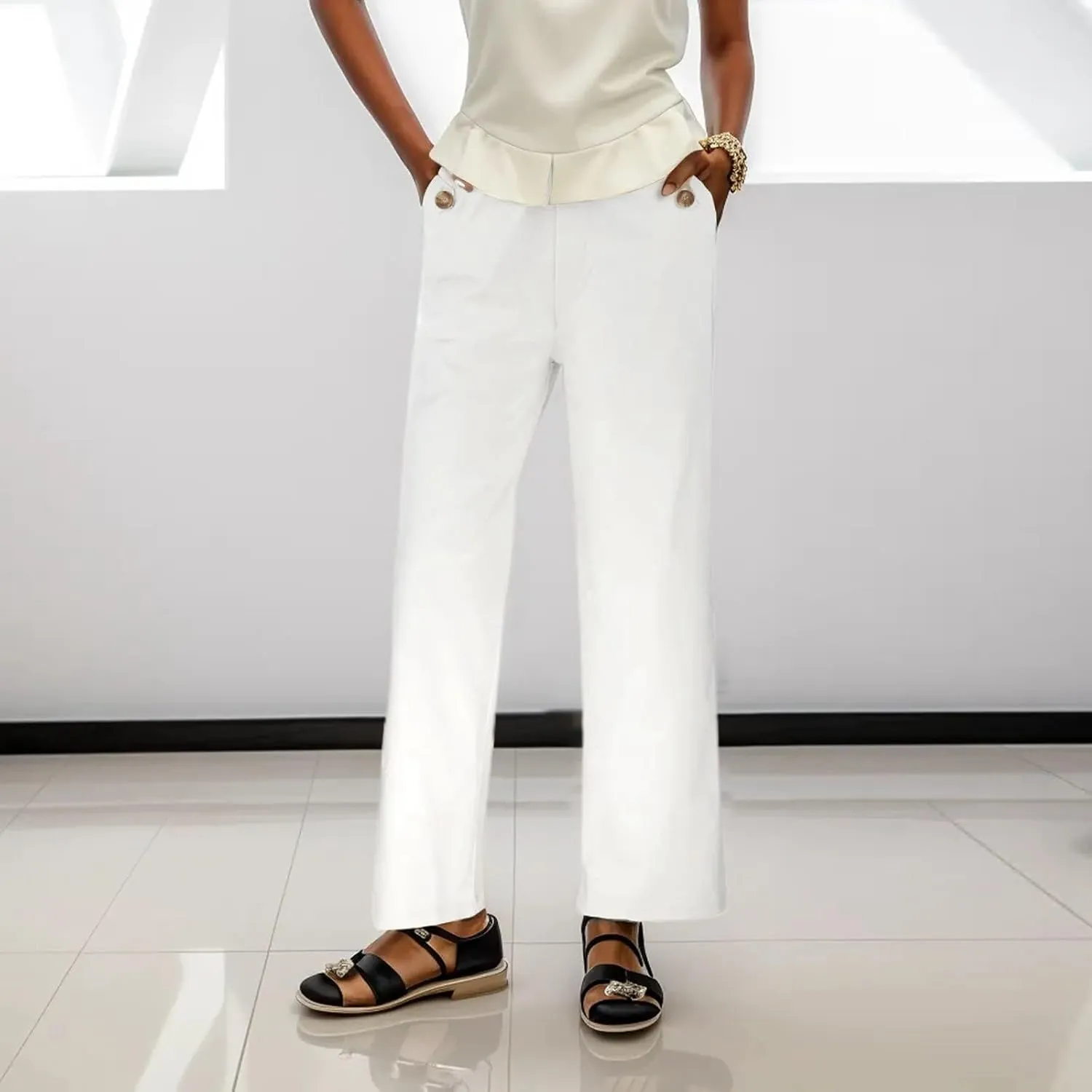 Womens Linen Blend Summer Lightweigt Palazzo Pants Elastic Waist Baggy Stretchy Slim-Fit Pants Beach