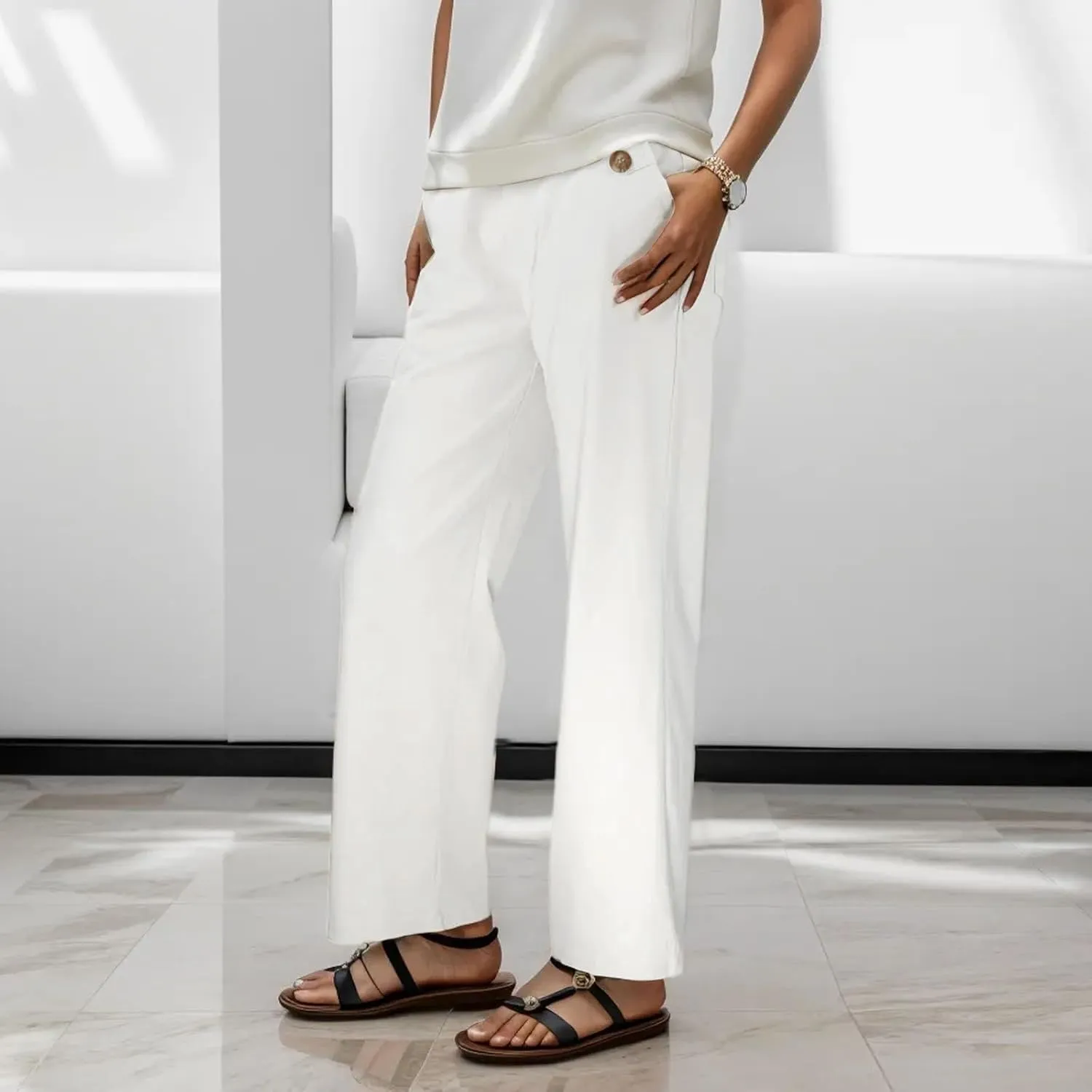 Womens Linen Blend Summer Lightweigt Palazzo Pants Elastic Waist Baggy Stretchy Slim-Fit Pants Beach