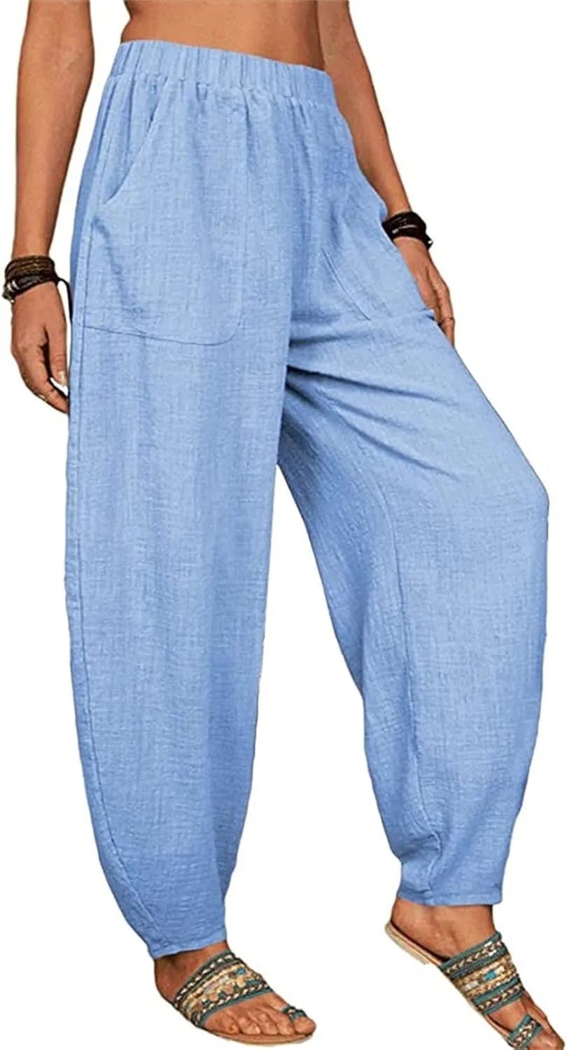 Womens Linen Blend Summer Palazzo Palazzo Lounge Pants Elastic Waisted Baggy Stretchy Loose Fit Trousers Vacation