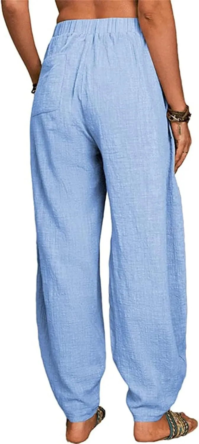 Womens Linen Blend Summer Palazzo Palazzo Lounge Pants Elastic Waisted Baggy Stretchy Loose Fit Trousers Vacation