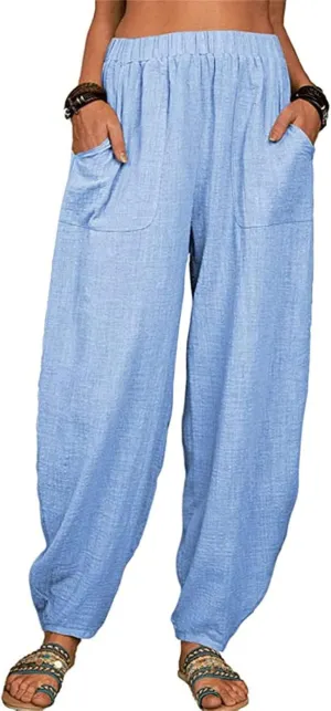 Womens Linen Blend Summer Palazzo Palazzo Lounge Pants Elastic Waisted Baggy Stretchy Loose Fit Trousers Vacation