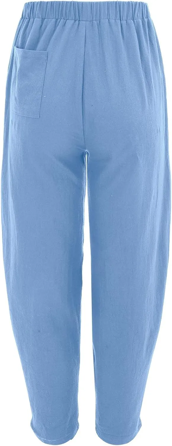 Womens Linen Blend Summer Palazzo Palazzo Lounge Pants Elastic Waisted Baggy Stretchy Loose Fit Trousers Vacation
