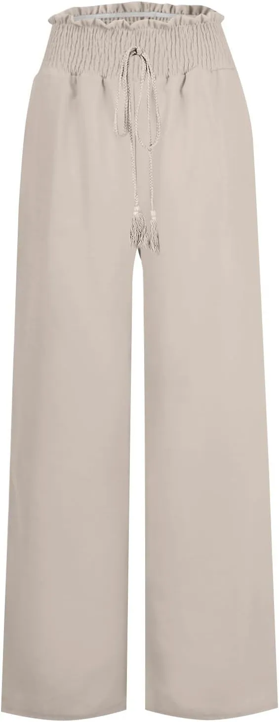 Womens Linen Blend Summer Solid Pant Trousers High Waist Stretchy Straight Slim Fit Pants Work Business