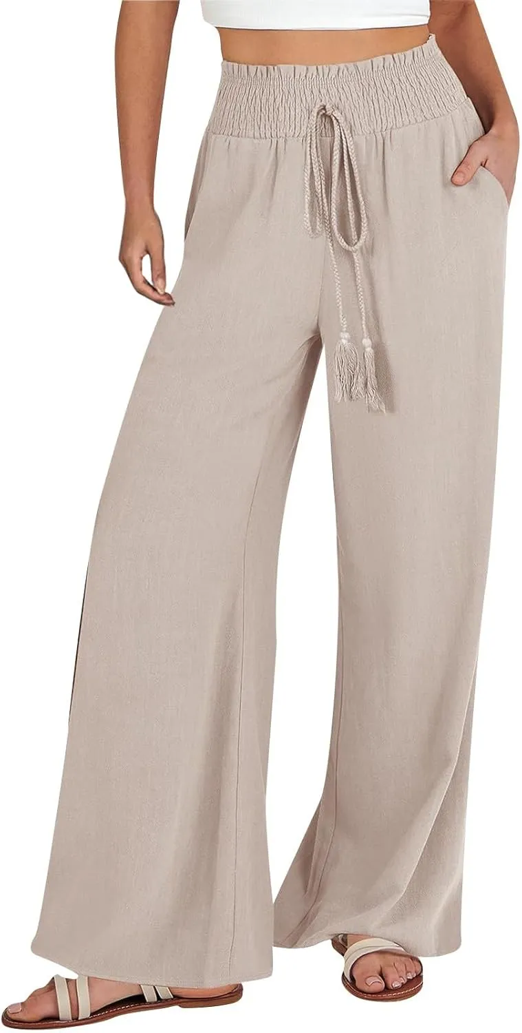 Womens Linen Blend Summer Solid Pant Trousers High Waist Stretchy Straight Slim Fit Pants Work Business