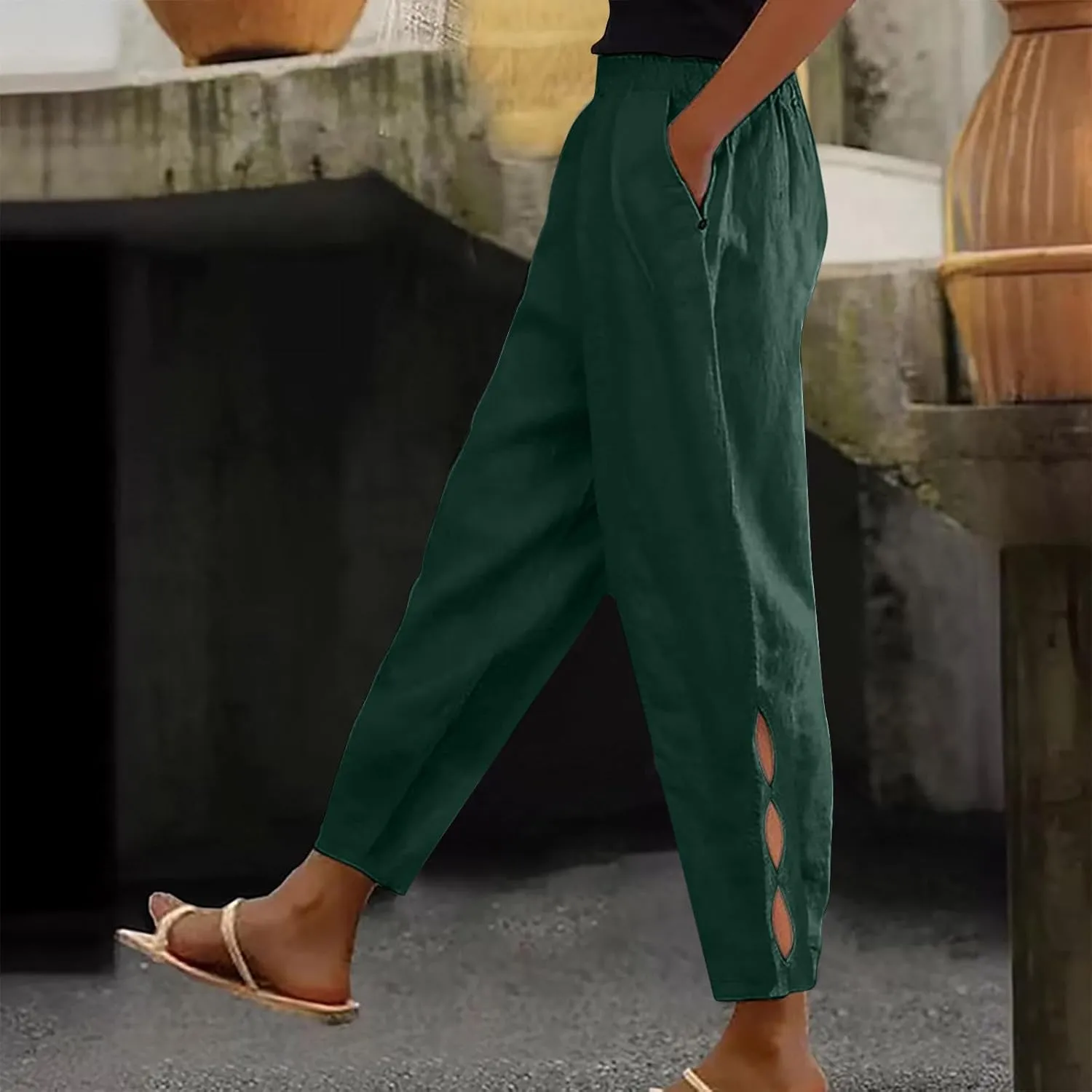 Womens Linen Capris 2025 Wide Leg Casual Palazzo Pants Cotton Linen Lounge Trouser Beach Summer Pants with Pockets