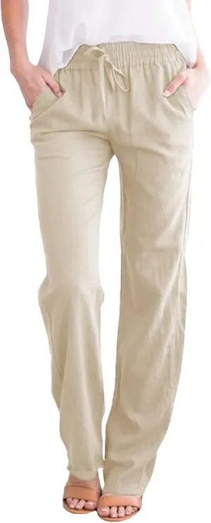 Women's Linen Casual Pants Summer Drawstring Straight Leg Trousers Lightweight Elastic Waist Cotton Pant with Pockets